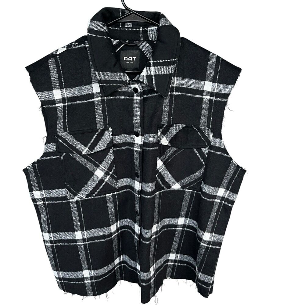 Oat Sleeveless Flannel Button Up Mens Large Black White Plaid Wool Blend Raw Hem